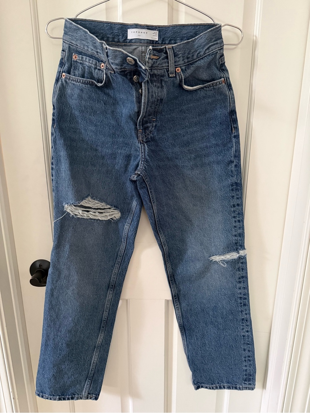 Topshop Dad Jeans Petite W26 Distressed Straight Leg Blue Denim
